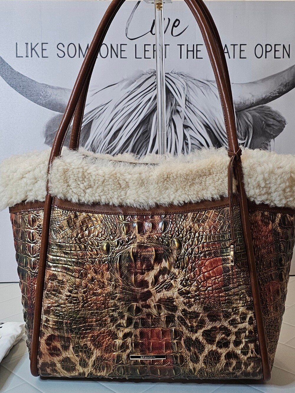 Brahmin Bailee Tartan Animal Joaquin NWT Shearling Trim Tote